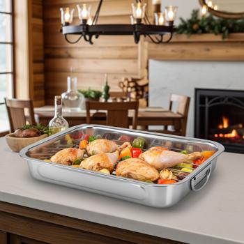 Preview: Stainless steel oven roasting pan with rack & handles - for roasting & baking meat, fish or vegetables - roasting tray for electric & gas ovens