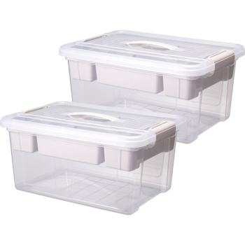 Preview: Set of 2 large 16L storage boxes with organiser & lid, transparent, sturdy, perfect for keeping things tidy at home, in the office & in storage