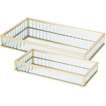 Luxueux ensemble de 2 plateaux décoratifs en verre et métal, doré – plateau rectangulaire pour bijoux et service, plateau pour cosmétiques – idéal pour la salle de bain et la coiffeuse