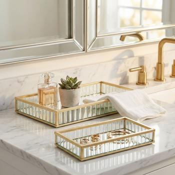 Luxurious 2-piece set of decorative trays made of glass & metal, gold – rectangular jewellery & serving tray, cosmetic tray – ideal for bathroom & dressing table