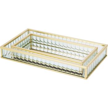 Preview: Luxueux ensemble de 2 plateaux décoratifs en verre et métal, doré – plateau rectangulaire pour bijoux et service, plateau pour cosmétiques – idéal pour la salle de bain et la coiffeuse