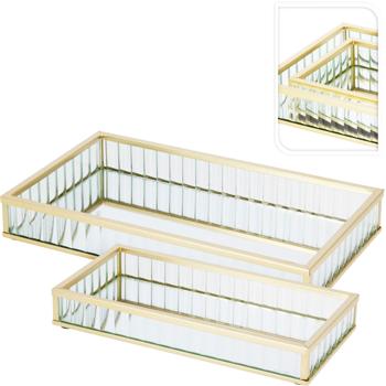 Preview: Luxueux ensemble de 2 plateaux décoratifs en verre et métal, doré – plateau rectangulaire pour bijoux et service, plateau pour cosmétiques – idéal pour la salle de bain et la coiffeuse