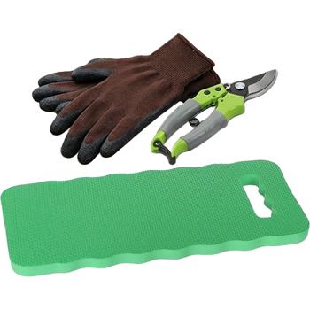 3-piece garden tool set with sharp pruning shear, protective gardening gloves and comfortable kneeling pad for joint-friendly work outdoors