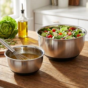 Preview: Set professionnel de bols mélangeurs 2 pièces en acier inoxydable – saladier avec fond en silicone antidérapant – bols de cuisine empilables Ø 16,7 cm & 20,5 cm