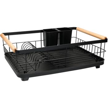 Preview: Moderno scolapiatti in metallo con vassoio raccogligocce – rastrelliera per piatti, bicchieri e posate – robusto con manici in legno
