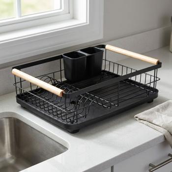 Preview: Moderno scolapiatti in metallo con vassoio raccogligocce – rastrelliera per piatti, bicchieri e posate – robusto con manici in legno