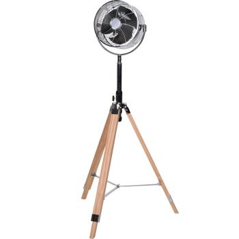 Preview: Design Stativventilator Holz & Metall, 80 Watt Standventilator Höhenverstellbar 85-135cm, 3 Stufen, 30cm Ventilator-Kopf