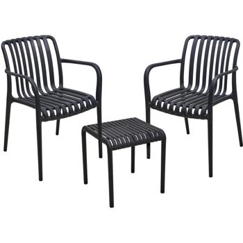 Set bistro moderne : 2 chaises de jardin avec accoudoirs et une élégante table d’appoint, noir – en plastique robuste, résistant aux intempéries, stylé et stable