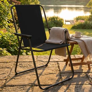Preview: Lot de 2 chaises pliantes robustes noires : chaise pliable stable en acier et polyester, compagnon idéal pour le camping, le jardin, la terrasse et l’extérieur