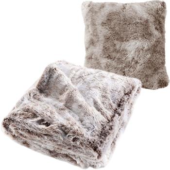 Lot de 2 : couverture super douce 180 x 220 cm & coussin décoratif moelleux 45 x 45 cm aspect fourrure, brun chocolat - Pour des moments cocooning sur le canapé