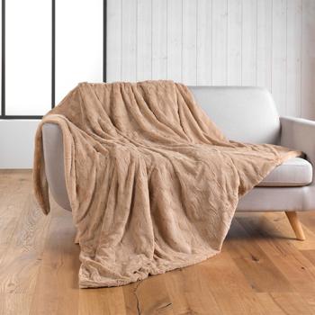 Preview: 4-piece set: cozy sofa blankets 180 x 220 cm & 125 x 150 cm and 2 fluffy snuggle cushions 45 x 45 cm in faux-fur look, sand color - For feel-good moments