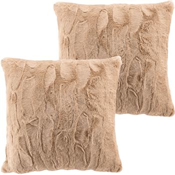 Preview: Set of 2 fluffy cuddle cushions 45x45 cm - Dreamily soft decorative cushion, sand-coloured faux fur, removable cover - Soft, warm & easy-care