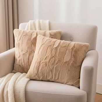 Set of 2 fluffy cuddle cushions 45x45 cm - Dreamily soft decorative cushion, sand-coloured faux fur, removable cover - Soft, warm & easy-care