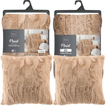 Preview: Ensemble 4 pièces : couvertures de canapé douillettes 180 x 220 cm & 125 x 150 cm et 2 coussins douillets 45 x 45 cm aspect fourrure, couleur sable - Pour des moments de bien-être