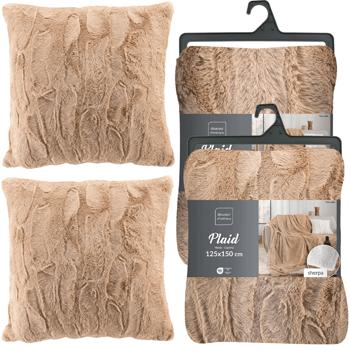 Ensemble 4 pièces : couvertures de canapé douillettes 180 x 220 cm & 125 x 150 cm et 2 coussins douillets 45 x 45 cm aspect fourrure, couleur sable - Pour des moments de bien-être