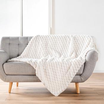 Preview: Lot de 2 couverture de canapé douillette 180 x 220 cm & coussin de canapé luxueux 45 x 45 cm en blanc - Pour des moments cosy sur le canapé