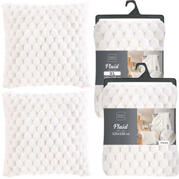 Lot de 4 couvertures de canapé douillettes 180 x 220 cm & 125 x 150 cm et 2 coussins de canapé luxueux 45 x 45 cm en blanc - Pour des moments de bien-être