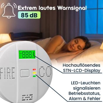Preview: Sicherer CO & Rauchmelder Kombigerät Air-Guard Duo, 85dB. Zuverlässiger Brand- & Kohlenmonoxidalarm mit digitalem LCD, Test- & Stummschaltfunktion