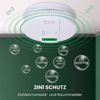 Preview: Sicherer CO & Rauchmelder Kombigerät Air-Guard Duo, 85dB. Zuverlässiger Brand- & Kohlenmonoxidalarm mit digitalem LCD, Test- & Stummschaltfunktion