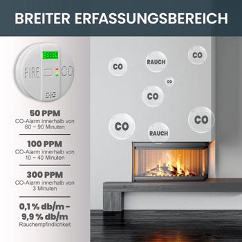 Preview: Sicherer CO & Rauchmelder Kombigerät Air-Guard Duo, 85dB. Zuverlässiger Brand- & Kohlenmonoxidalarm mit digitalem LCD, Test- & Stummschaltfunktion