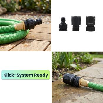 Preview: Dehnbarer Gartenschlauch 10 bis 30m mit Alu-Anschlüssen, Flexibler Wasserschlauch UV-beständig, 3-fache Ausdehnung, 3/4 Zoll Gold-Aluminium Gewinde