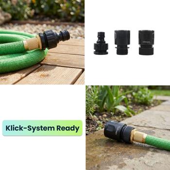 Preview: Dehnbarer Gartenschlauch 5 bis 15m mit Alu-Anschlüssen, Flexibler Wasserschlauch UV-beständig, 3-fache Ausdehnung, 3/4 Zoll Gold-Aluminium Gewinde
