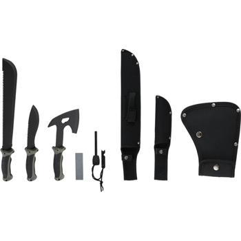 Preview: Survival set – hatchet, knife & machete with 3 belt sheaths, whetstone & pro fire steel including bottle opener and measuring scale for outdoor use