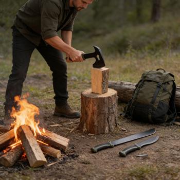 Preview: Survival set – hatchet, knife & machete with 3 belt sheaths, whetstone & pro fire steel including bottle opener and measuring scale for outdoor use
