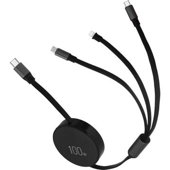 Preview: Cavo di ricarica 3in1 avvolgibile: 100W di potenza per Android e iPhone. 1 m estraibile, estremamente robusto e senza grovigli – cavo di ricarica rapida USB‑C Lightning Micro