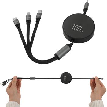 Preview: Cavo di ricarica 3in1 avvolgibile: 100W di potenza per Android e iPhone. 1 m estraibile, estremamente robusto e senza grovigli – cavo di ricarica rapida USB‑C Lightning Micro