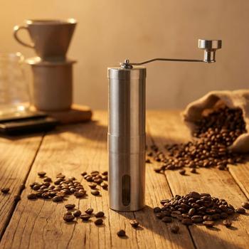 Robust stainless steel hand coffee grinder with ceramic grinding mechanism, stepless grind adjustment, removable handle, manual coffee grinder for espresso & filter coffee
