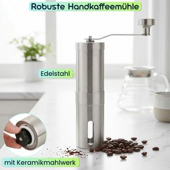 Preview: Robuste Handkaffeemühle Edelstahl mit Keramikmahlwerk, stufenlose Mahlgrad-Einstellung, abnehmbarer Griff, Kaffeemühle manuell für Espresso & Filterkaffee