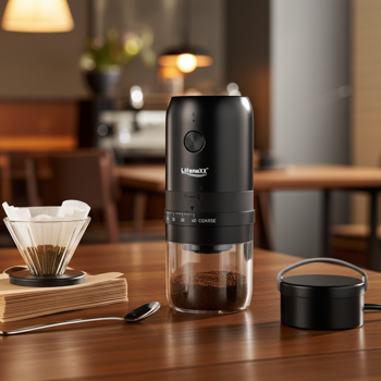 Mobile Elektrische Kaffeemühle – Konisches Keramik Mahlwerk, präzise einstellbar für den perfekten Espresso - Kabellos, USB-C Akku-Betrieb