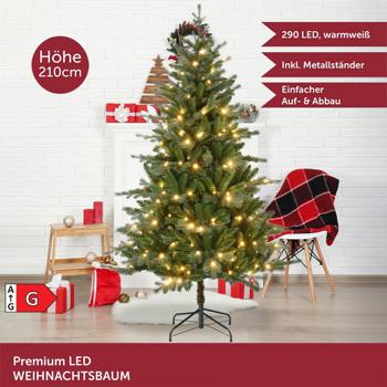 Preview: Albero di Natale LED premium, albero artificiale 210 cm voluminoso e densamente illuminato - albero con 290 luci, pieghevole, decorazione festiva per interni