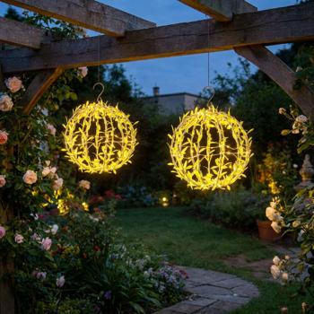 2er-Set Solar Leuchtkugel im Blätterdesign - Ø20cm Gartenkugel mit 72 warmweissen LEDs - IP44 Aussenleuchte inkl. Erdspiess, S-Haken und Solarpanel