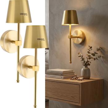 Set of 2 elegant wireless LED wall lights with remote control: dimmable gold battery wall lamp, USB rechargeable with timer & touch sensor
