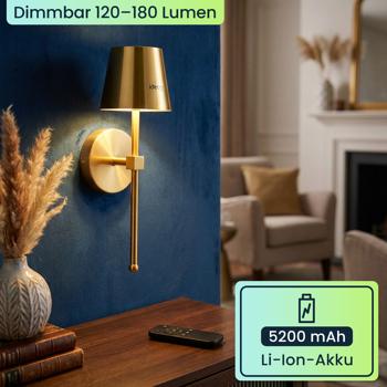 Preview: 4er-Set Elegante LED Wandleuchte kabellos mit Fernbedienung: Akku Wandlampe dimmbar in Gold, USB aufladbar mit Timer & Touch-Sensor