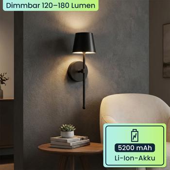 Preview: 2er-Set Elegante LED Wandleuchte kabellos mit Fernbedienung: Akku Wandlampe dimmbar in Schwarz, USB aufladbar mit Timer & Touch-Sensor