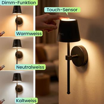 Preview: 2er-Set Elegante LED Wandleuchte kabellos mit Fernbedienung: Akku Wandlampe dimmbar in Schwarz, USB aufladbar mit Timer & Touch-Sensor