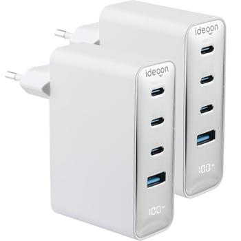 Preview: Set of 2 100W GaN III USB chargers with 4 ports, 3x USB-C & 1x USB-A, fast charger with LED display, PD, fireproof housing, for laptop and smartphone