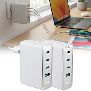 Set of 2 100W GaN III USB chargers with 4 ports, 3x USB-C & 1x USB-A, fast charger with LED display, PD, fireproof housing, for laptop and smartphone