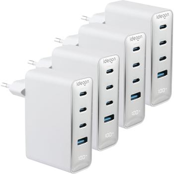 Preview: Set of 4 100W GaN III USB charger with 4 ports, 3x USB‑C & 1x USB‑A, fast charger with LED display, PD, fireproof housing, for laptop and phone