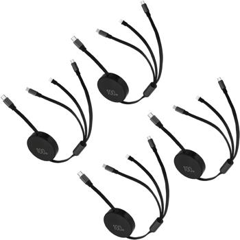 Preview: Set of 4 3in1 roll charging cables: 100W power for Android & iPhone. 1 m retractable, extremely robust & tangle‑free – USB‑C Lightning Micro fast charging cable