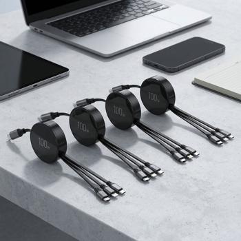 Set of 4 3in1 roll charging cables: 100W power for Android & iPhone. 1 m retractable, extremely robust & tangle‑free – USB‑C Lightning Micro fast charging cable