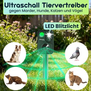 Preview: 2er-Set Ultraschall Tiervertreiber mit PIR-Sensor & LED Blitzlicht - 13,5-45,5 Hz, Zuverlässiger Solar-Tierschreck gegen Marder, Hunde und Katzen, Vögel