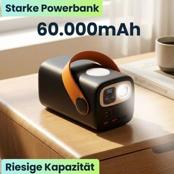 Preview: Starke Powerbank 60000mAh, 100W, USB-C PD Externer Akku: Mobiles Ladegerät mit LED Lampe für Laptop, Notebook, Smartphone - Schnelles Laden