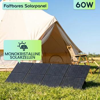 Preview: Faltbares Solarpanel 60W Monokristallin - Tragbares Solarladegerät IP65 mit MC4-komp. Stecker, DC Adapter, Ösen & Karabinern für Camping