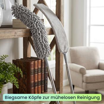 Preview: Profi 5in1 Staubwedel Set mit Teleskopstange 210cm ausziehbar, biegsame Mikrofaser Staubwischer für Deckenventilatoren, Möbel & hohe Ecken
