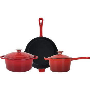 Preview: Profi Gusseisen Topfset 3-teilig, Set aus Pfanne, Kochtopf und Stielkasserolle, Emailliertes Kochgeschirr für alle Herdarten, Induktion & Backofen