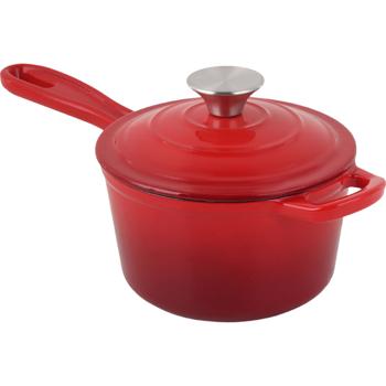 Preview: Gusseisen Stielkasserolle mit Deckel Rot, Ø 17cm, 1,6 Liter Volumen, hochwertiger Saucentopf für alle Herdarten & Induktion, 17x10 cm, 2,65kg